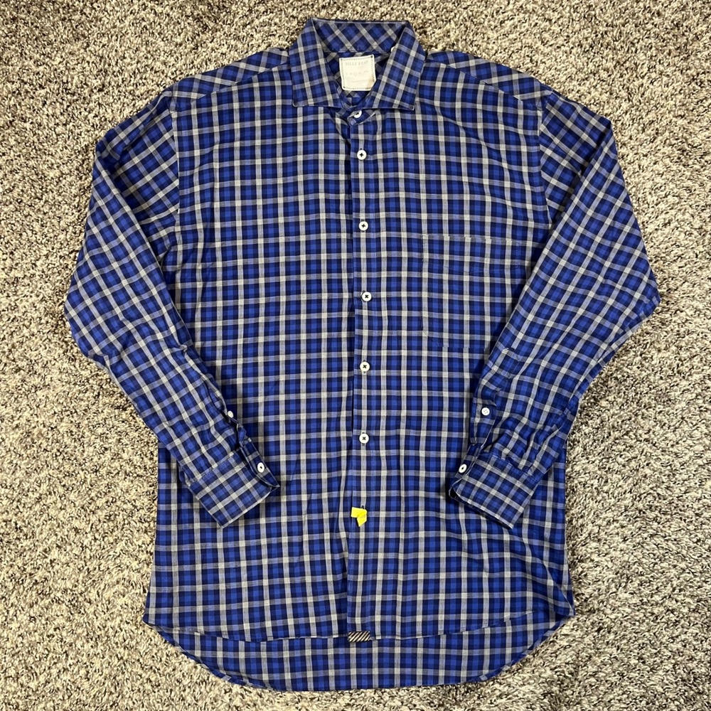 Billy Reid Mens Blue Grey Plaid Standard Cut Button Down Shirt Large